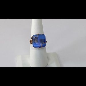 Handmade Blue Glass Bead Ring Antique Brass Wire